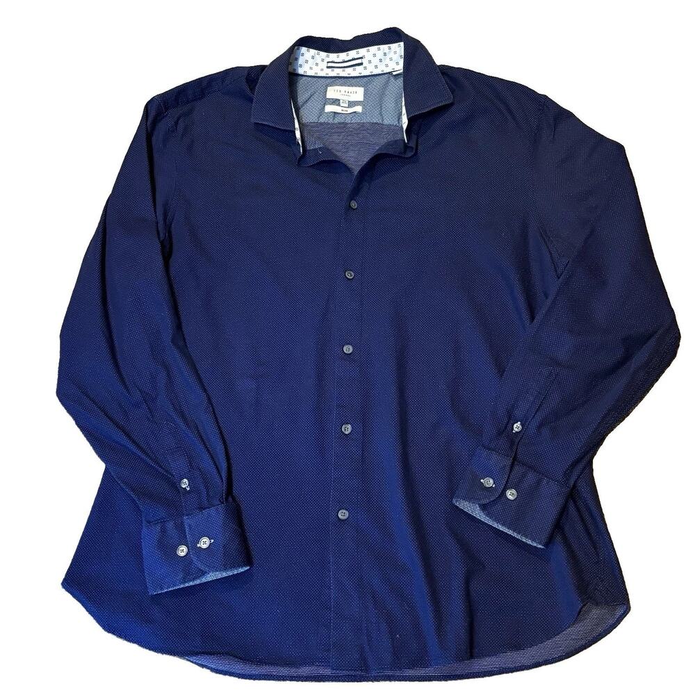 Ted Baker MAYYER Blue Micro Dot Stretch Button Down Shirt XL 17.5 32/33 Slim Fit